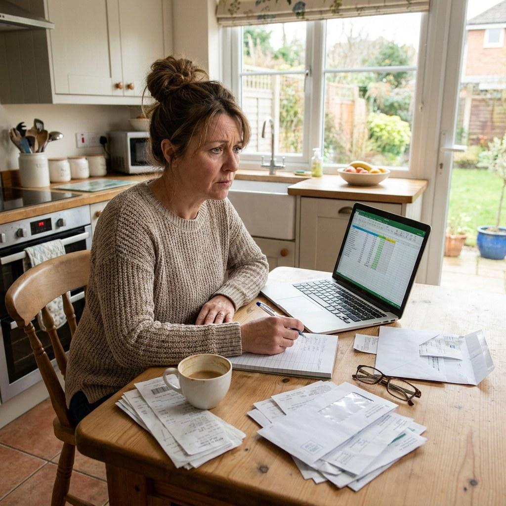 Homeowner reviewing financial paperwork at a kitchen table