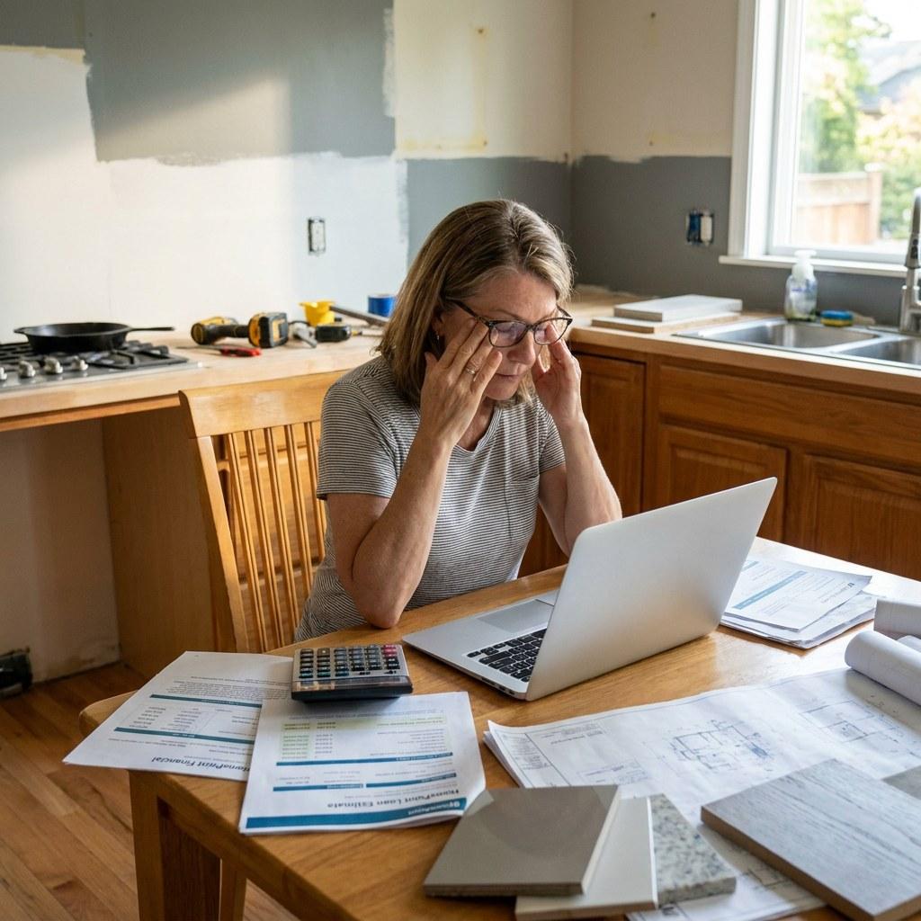 A homeowner reviewing loan documents and planning home renovation costs