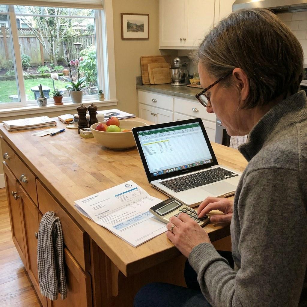 Homeowner reviewing utility bills and budget at the kitchen counter
