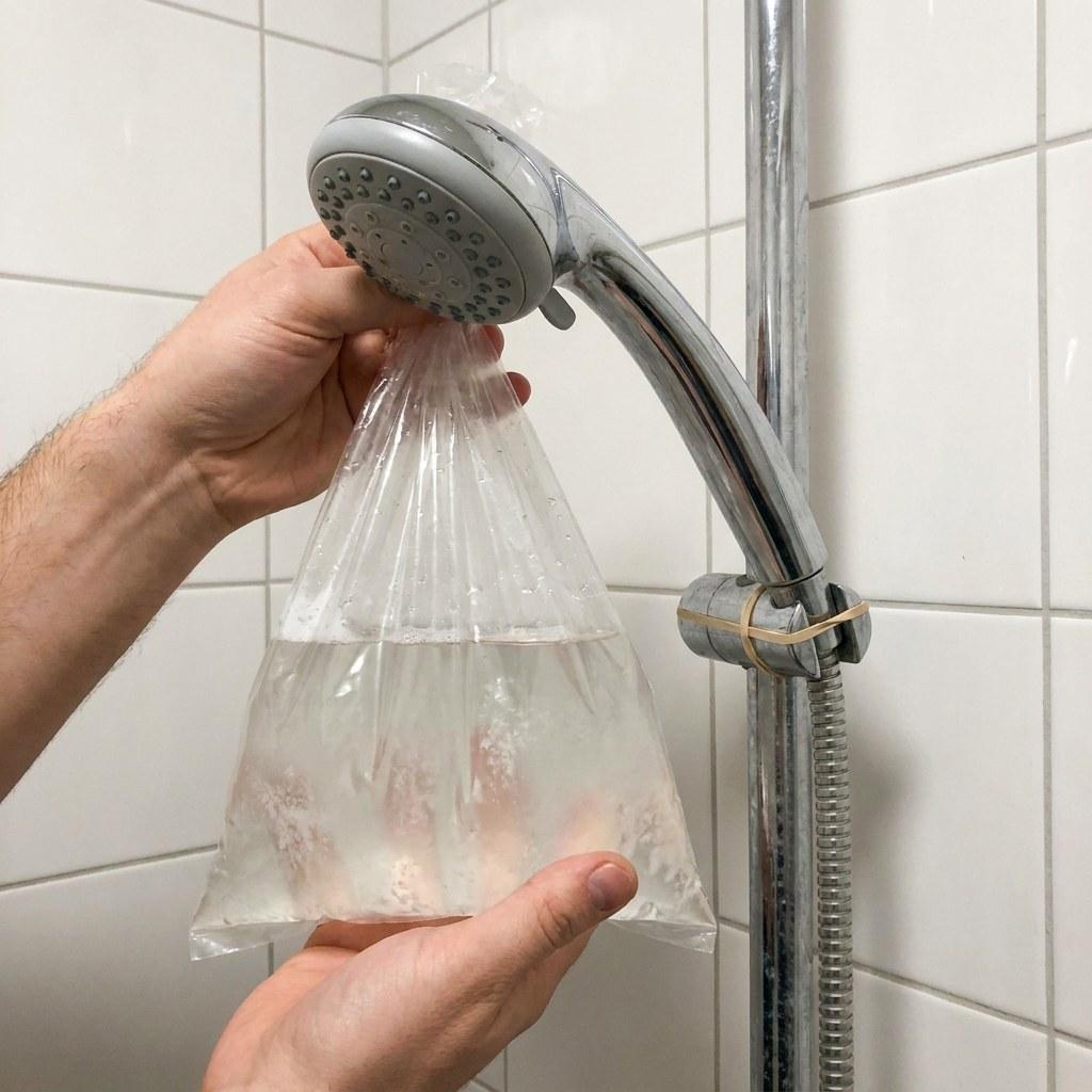 A showerhead wrapped in a small plastic bag filled with vinegar to remove mineral buildup