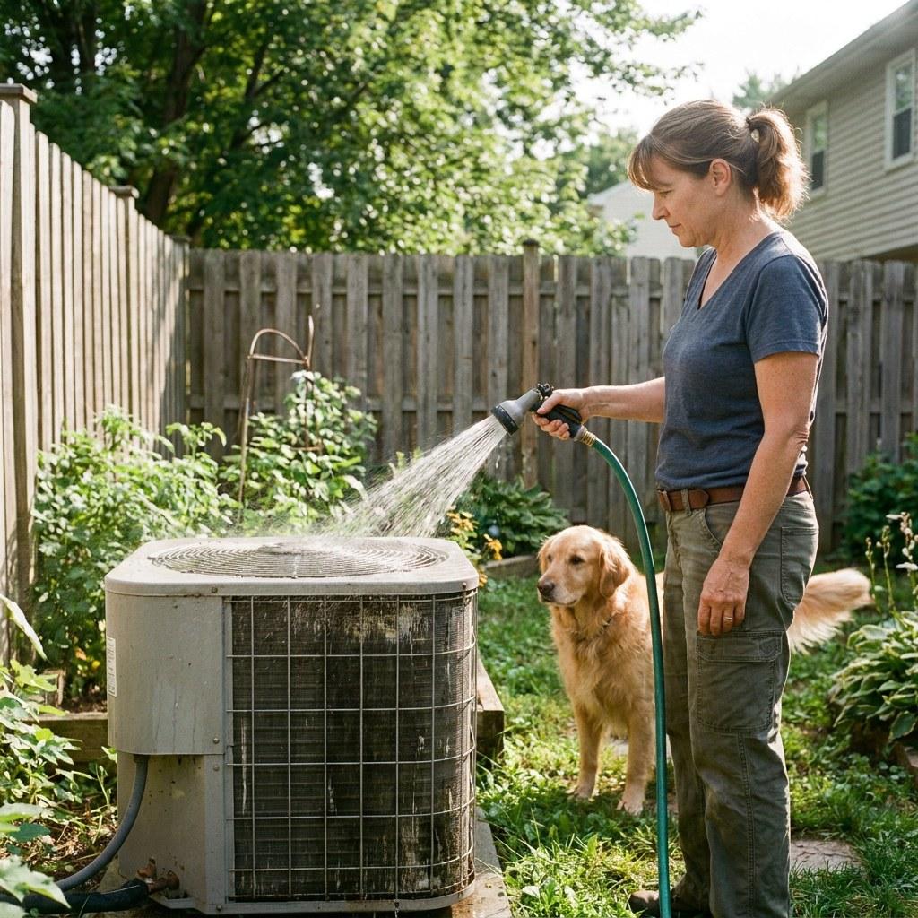 A person gently rinsing an outdoor air conditioning unit with a garden hose