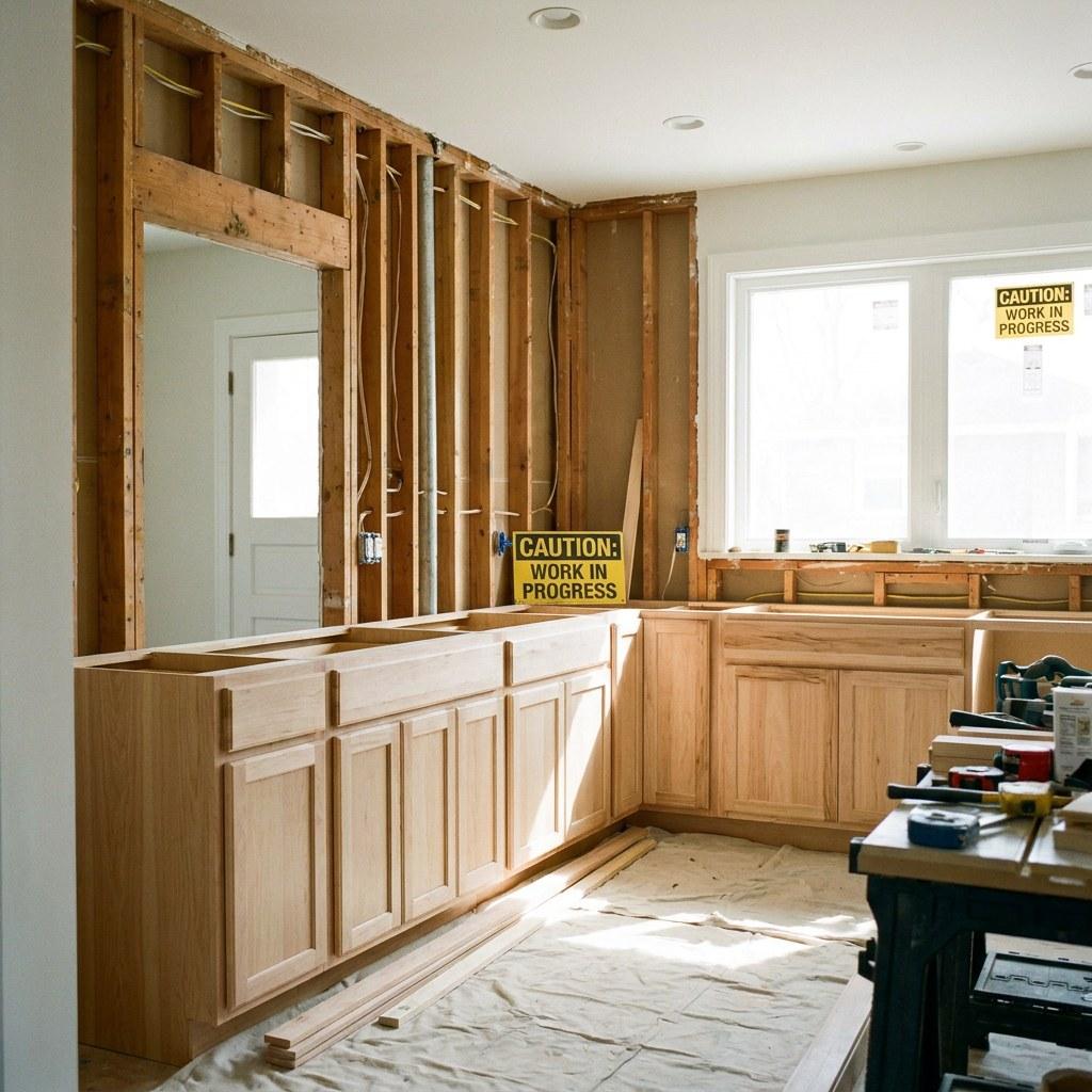 In-progress kitchen remodel showing bare lower cabinets and exposed wall studs