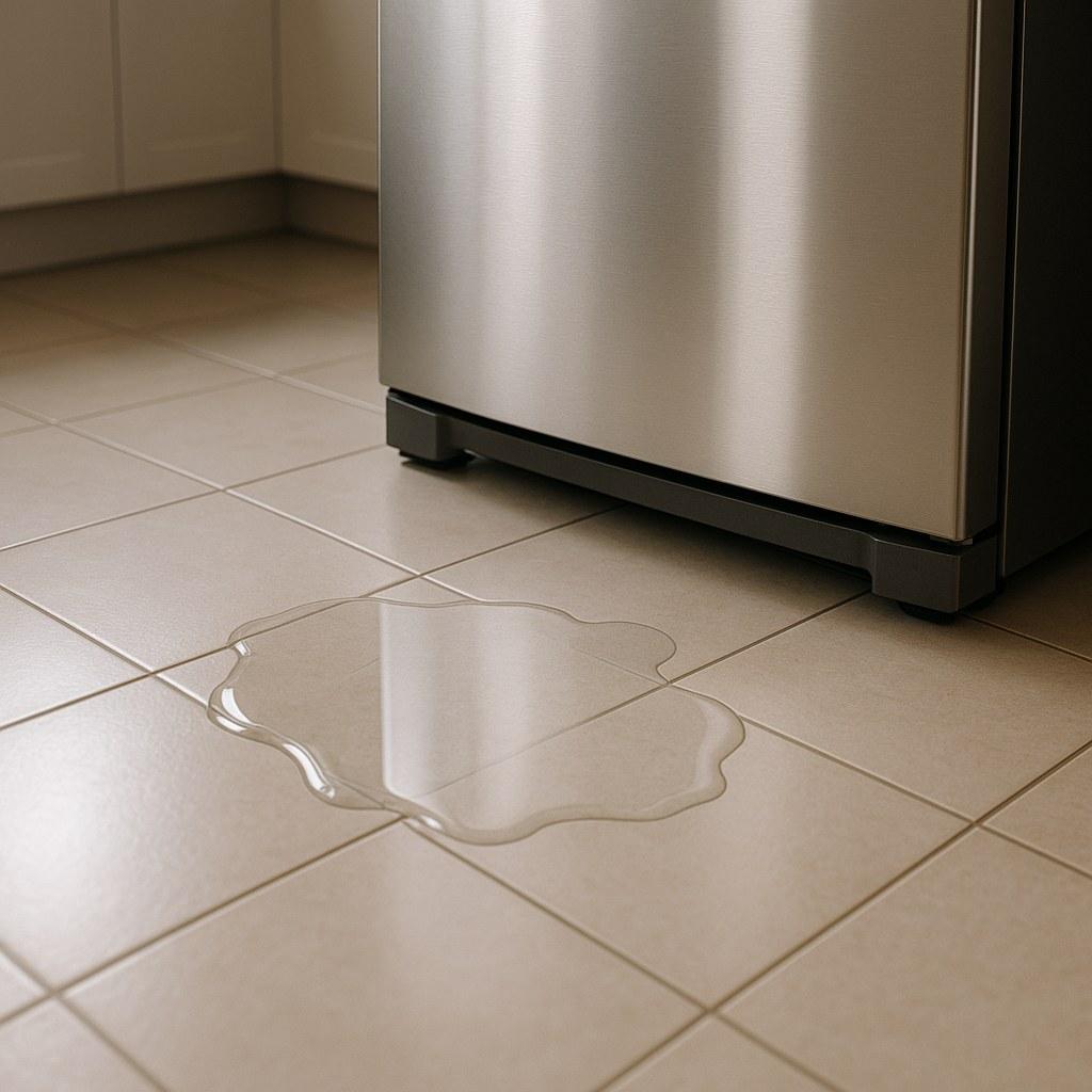 A puddle of water leaking from the bottom of a refrigerator