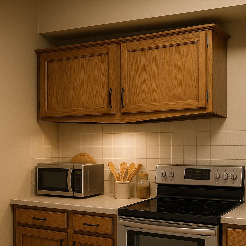 A loose upper kitchen cabinet pulling away from the wall