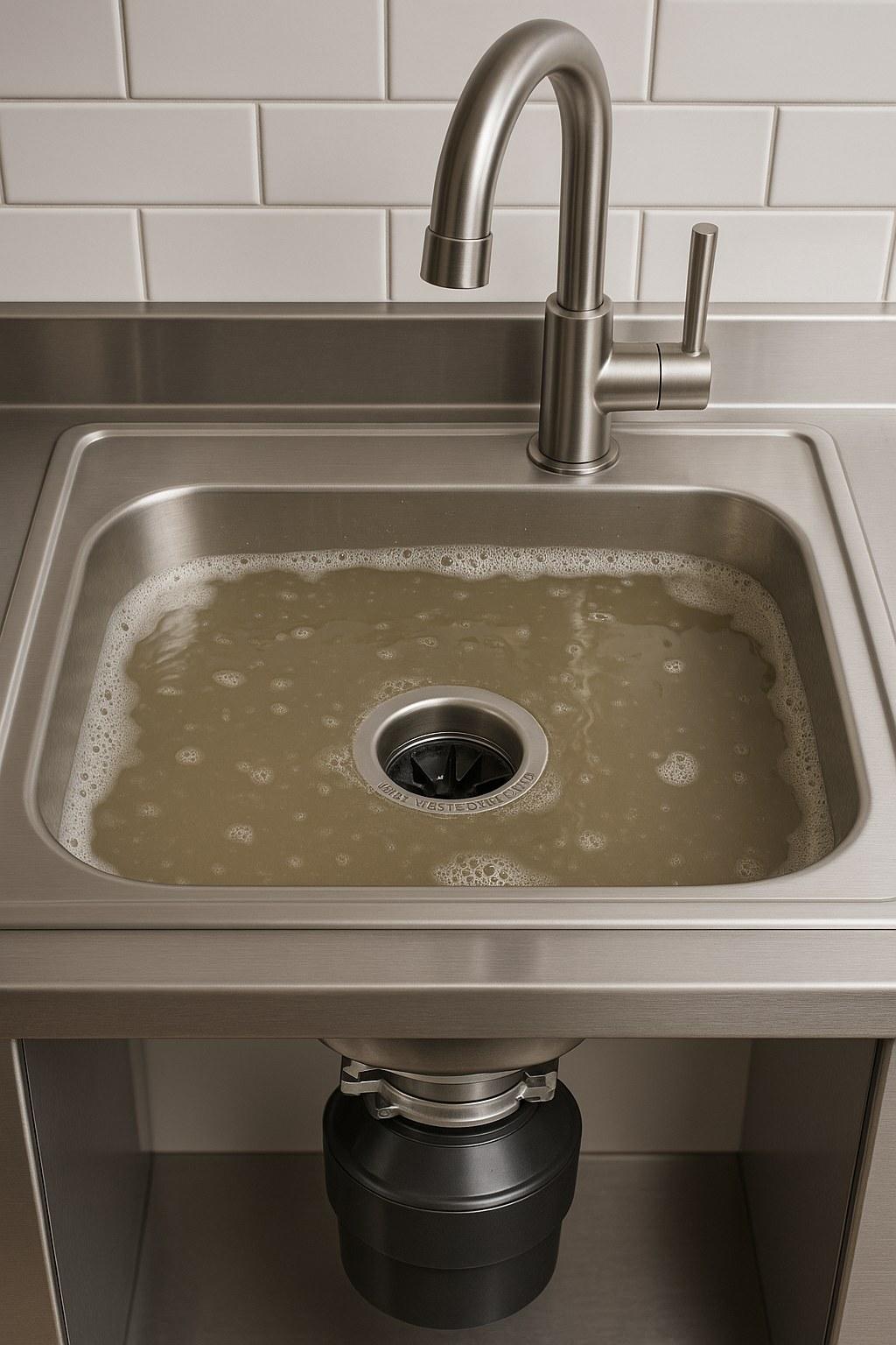 Dirty water backing up into a kitchen sink from a garbage disposal