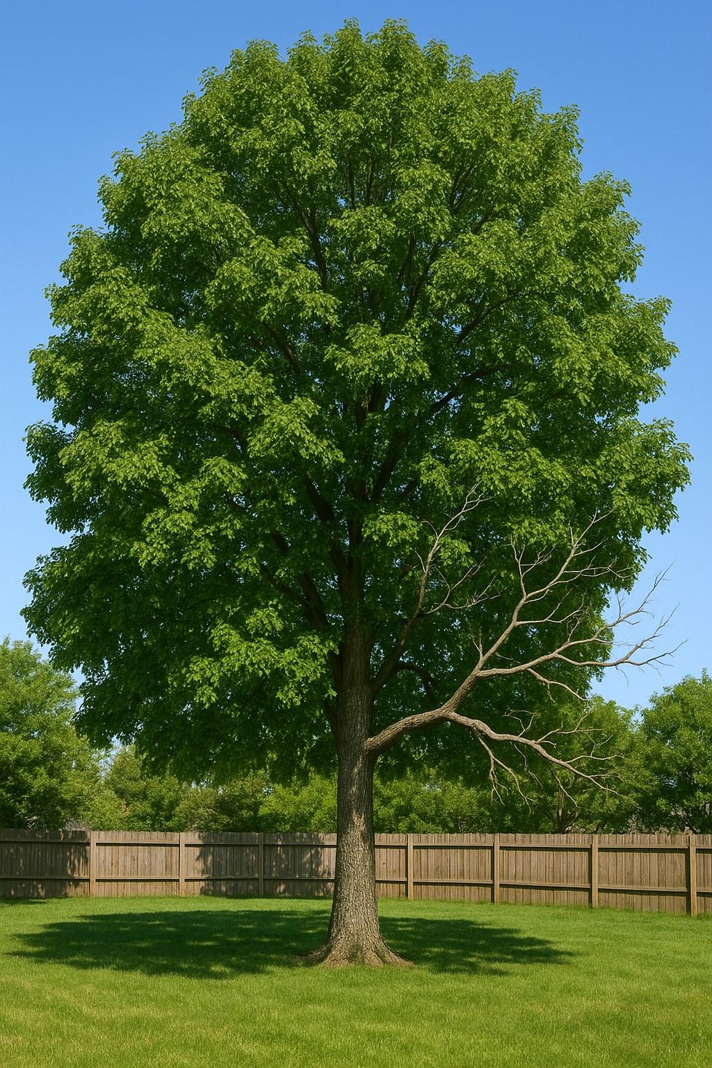 A large backyard tree with a dead lower branch that needs to be removed.