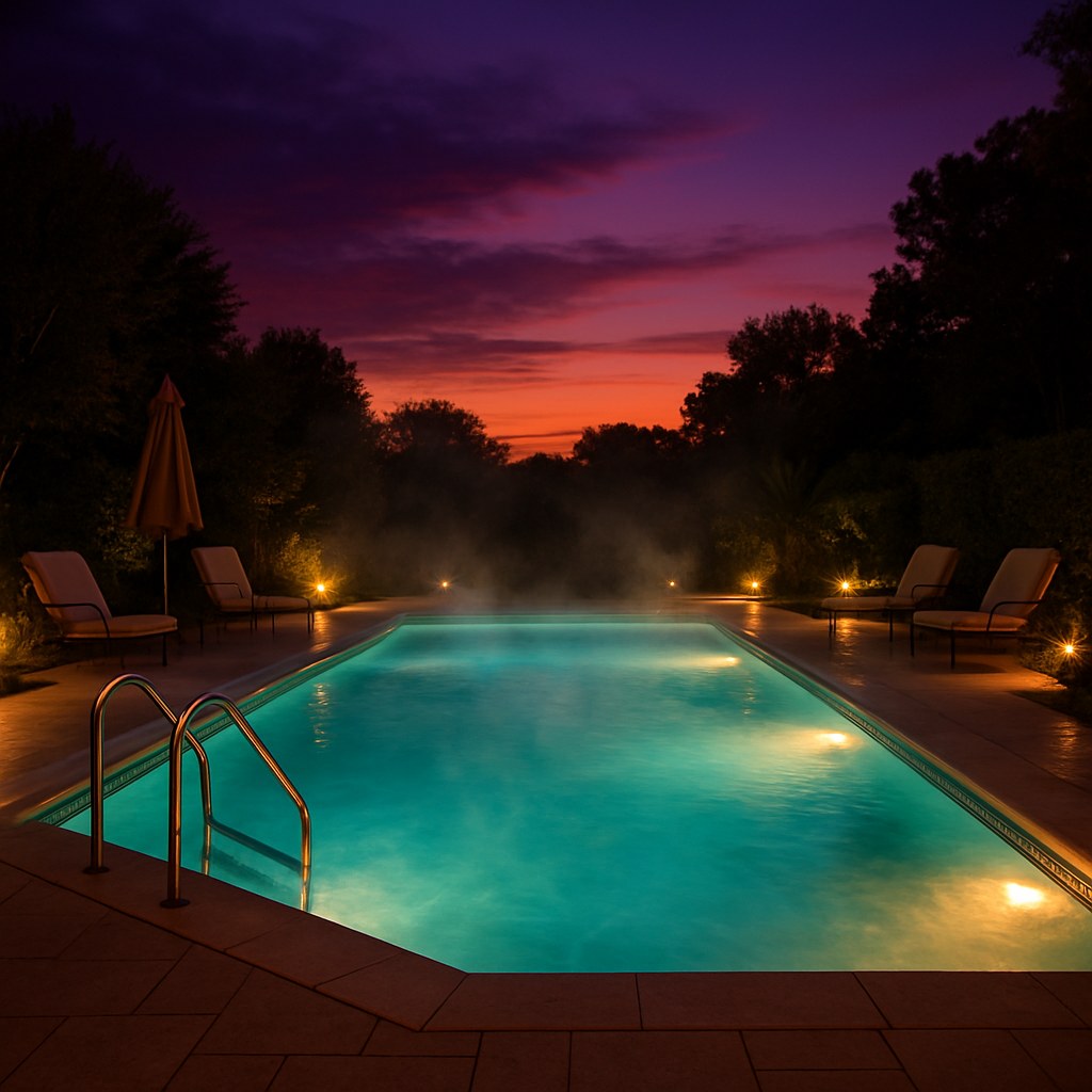A heated swimming pool with steam rising from the surface