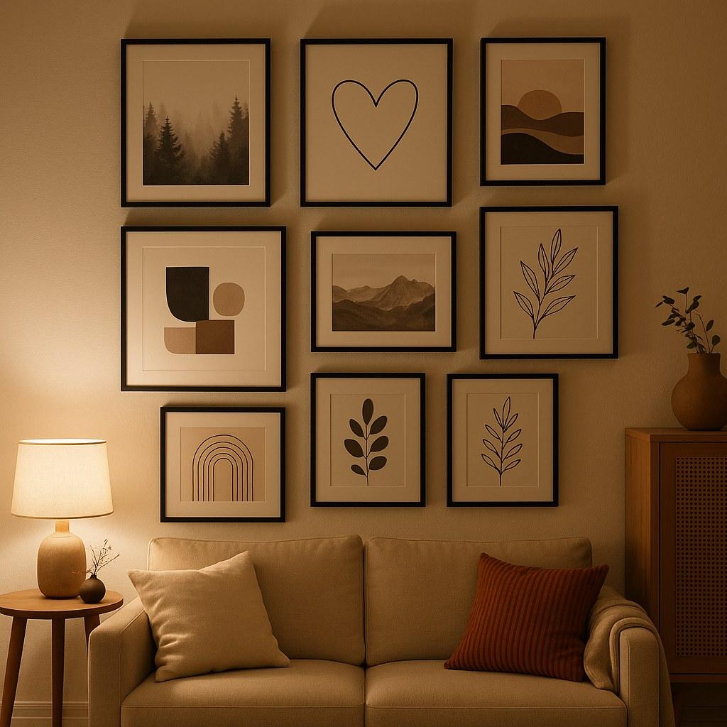 A collection of perfectly hung picture frames on a living room wall