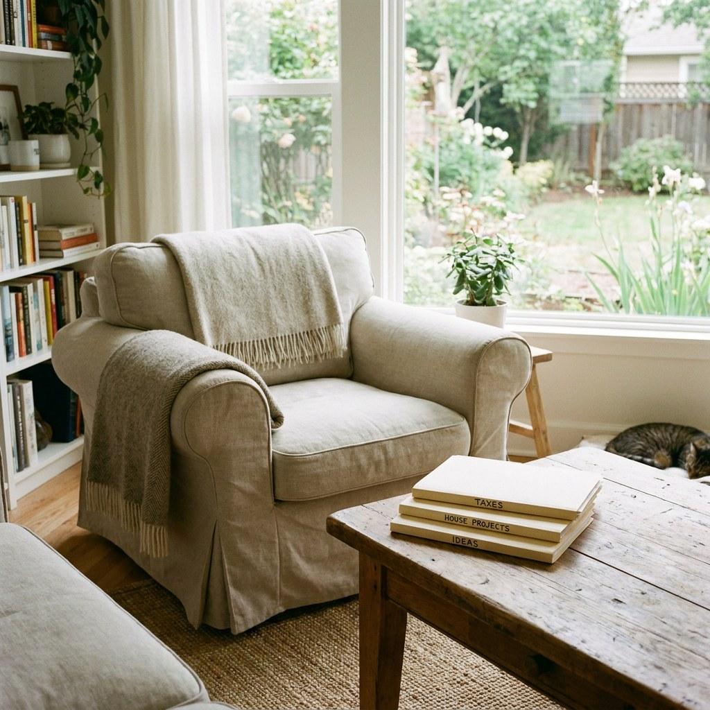 A peaceful and organized living room representing stress-free home management