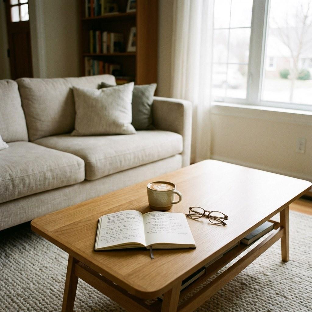 A calm, organized living room representing peaceful home management.