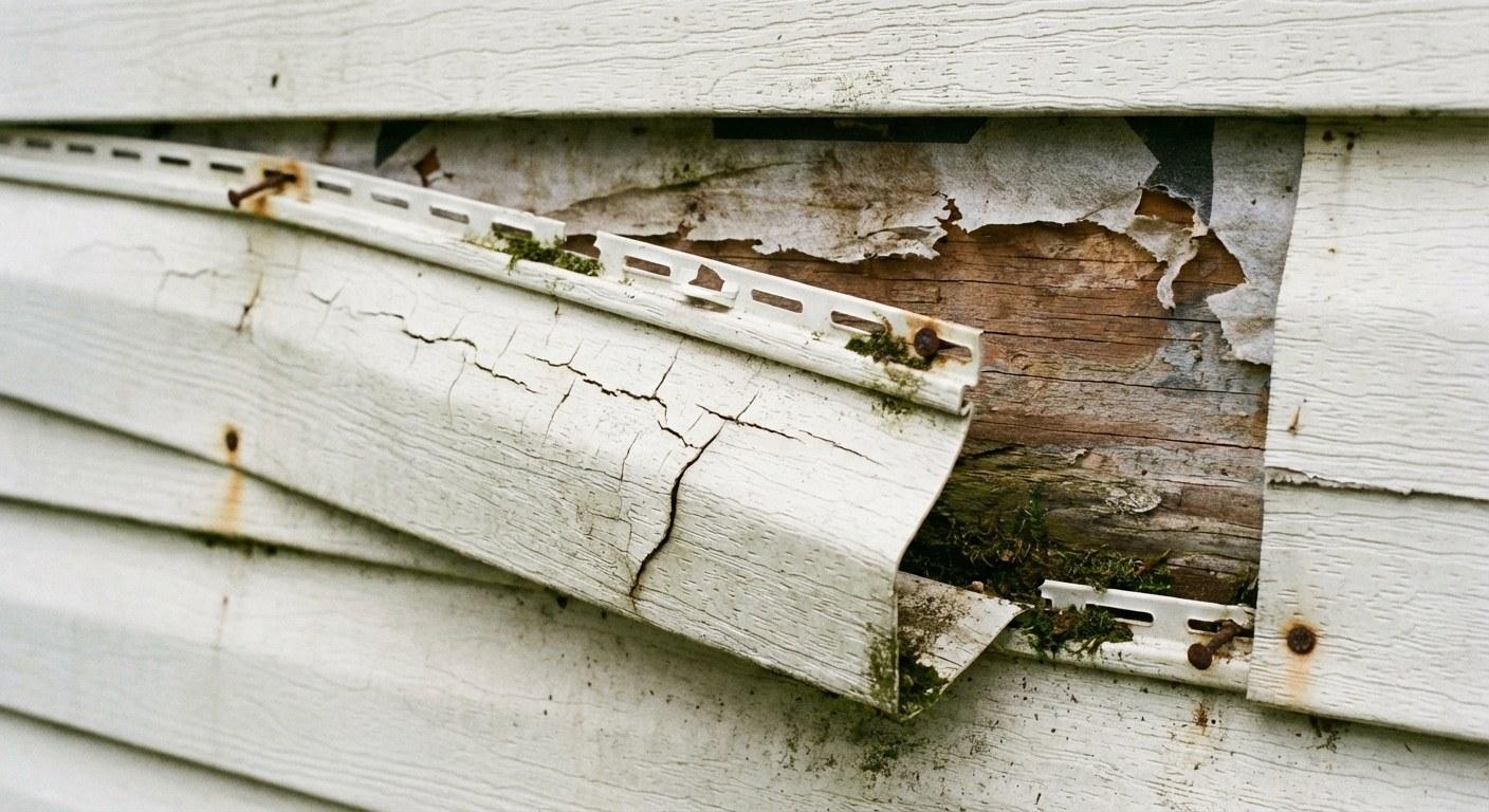 A loose piece of vinyl siding hanging slightly off the side of a beige house