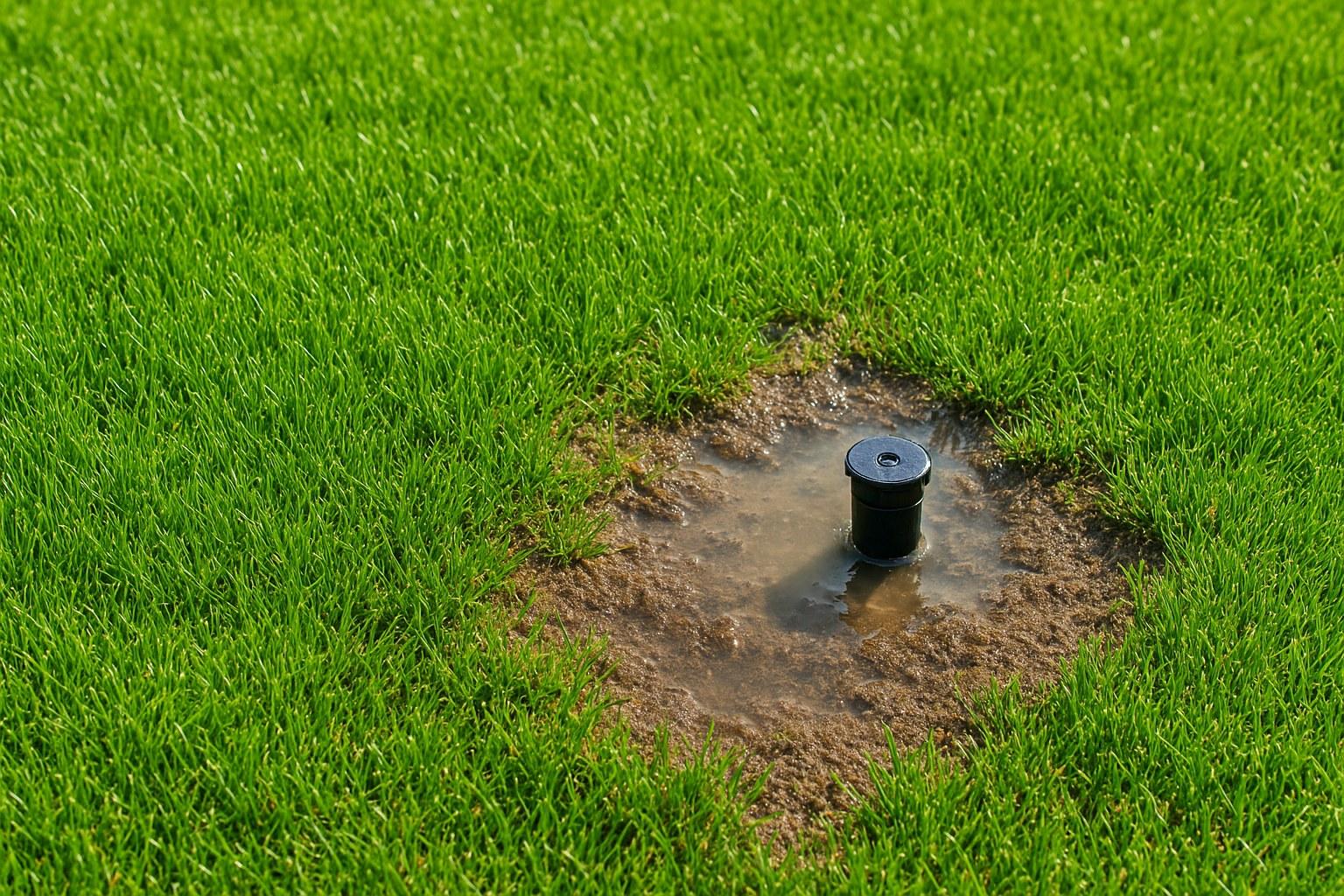 A soggy puddle in a green lawn indicating a sprinkler system leak
