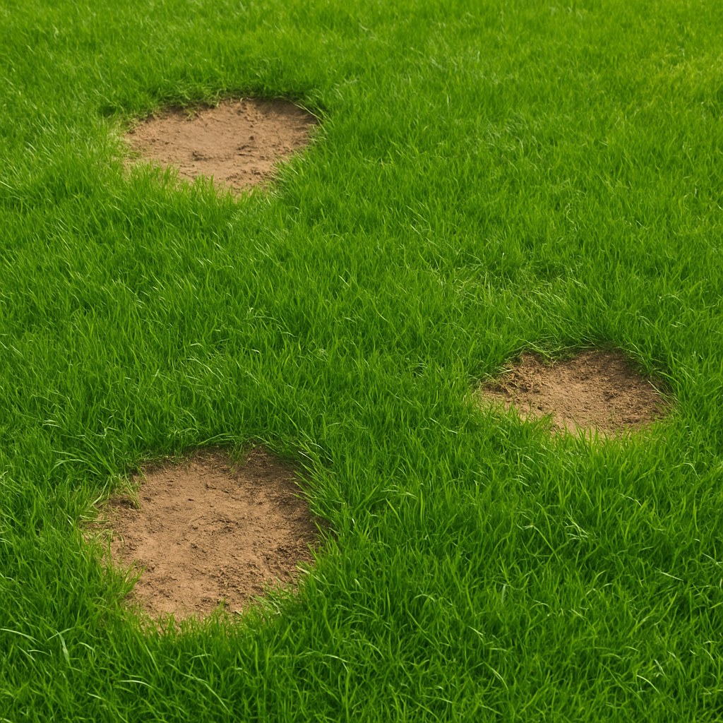 A lawn with several bare patches needing repair