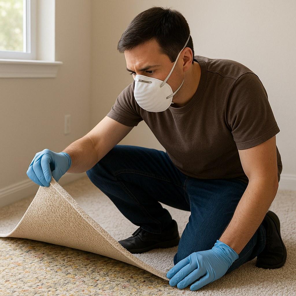 A person inspecting for mold under a carpet.