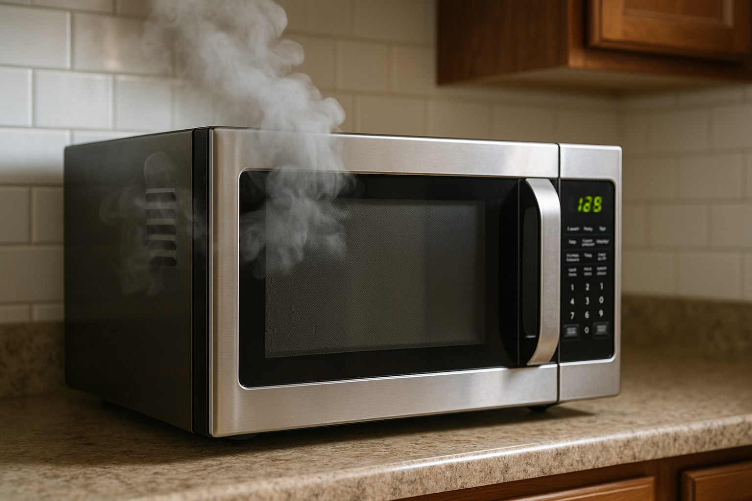 A microwave with smoke coming out of it and a burning smell in a modern kitchen