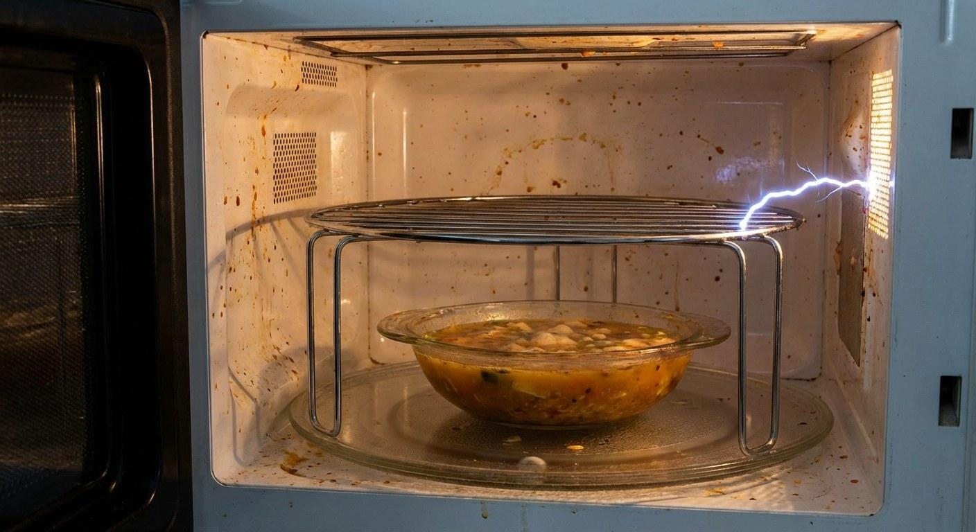 Interior of a microwave showing a small electrical spark