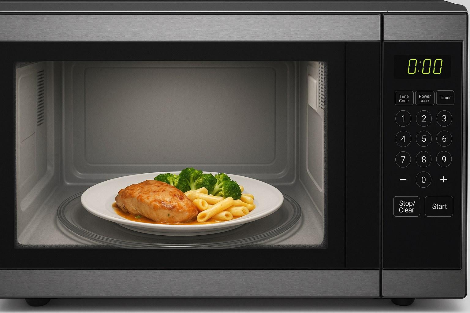 A view inside a microwave where the glass turntable tray is stationary instead of spinning.