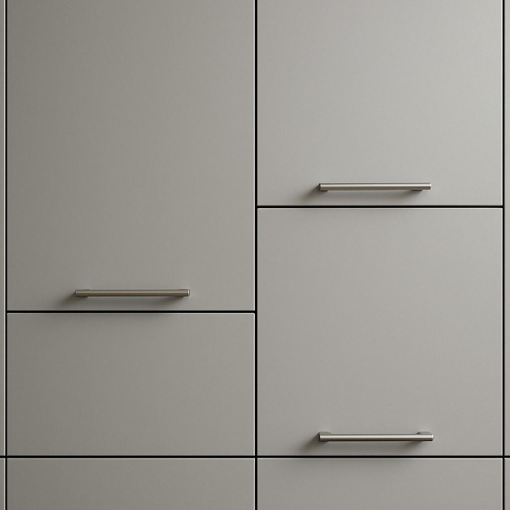 A set of kitchen cabinets with misaligned doors and uneven gaps.