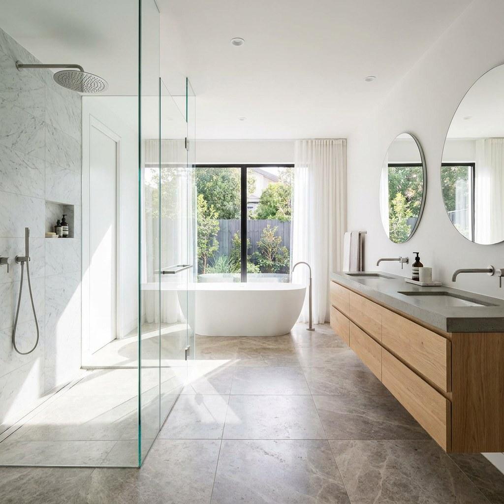 A finished modern bathroom with clean tile work and a natural wood vanity