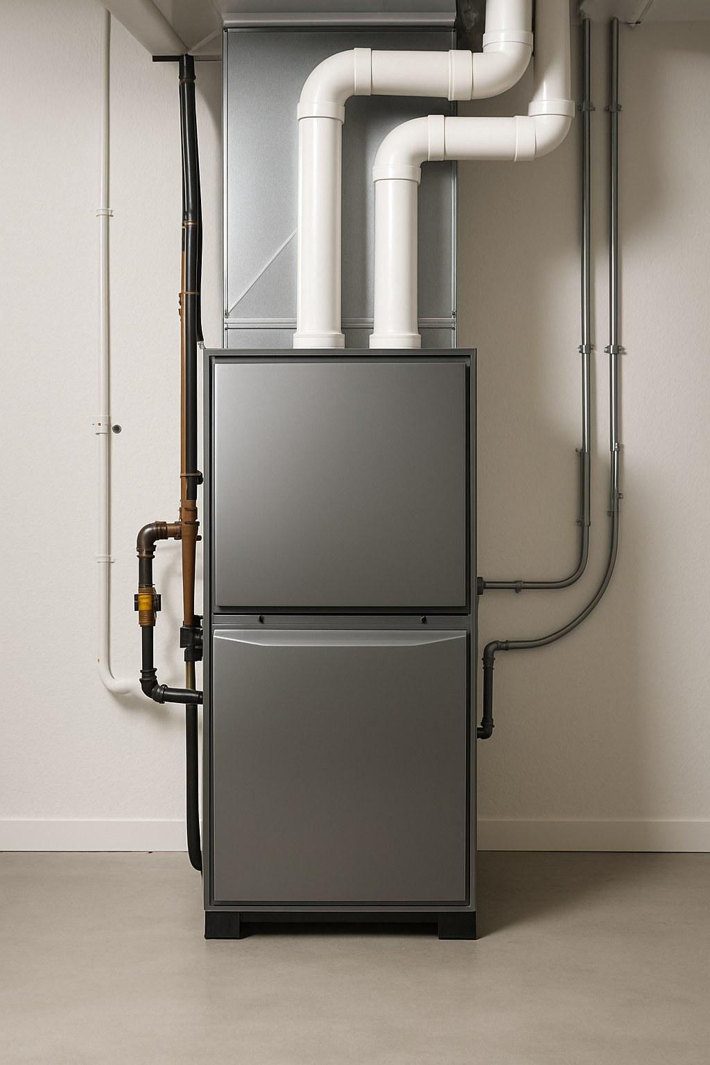 A clean and modern high-efficiency furnace in a residential basement.