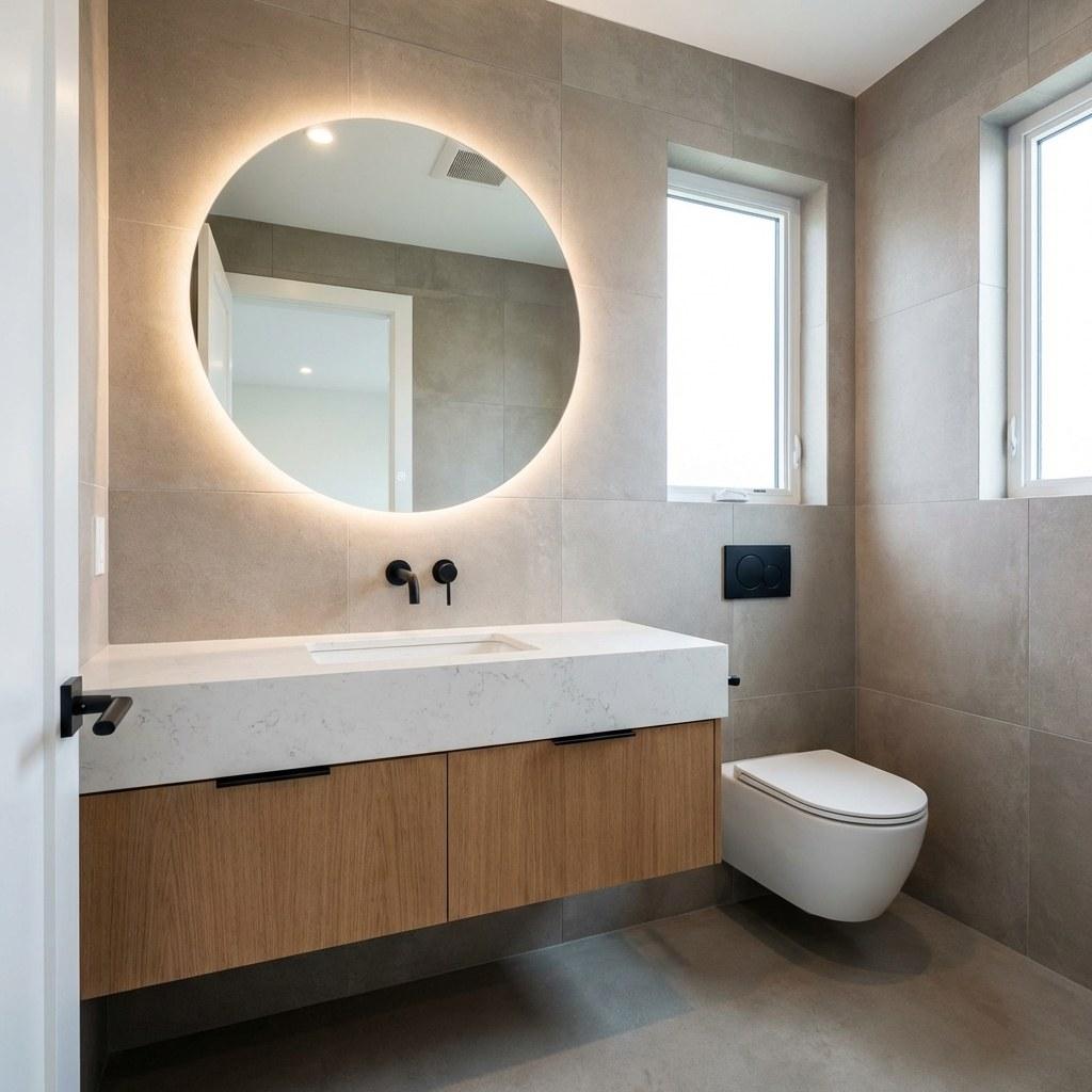 A freshly remodeled powder room with a new vanity, mirror, and updated lighting