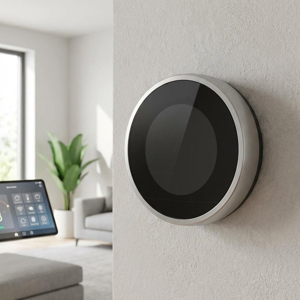 A blank digital thermostat on a living room wall