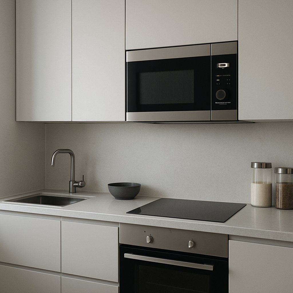 A microwave with a dark interior because the light is not on.