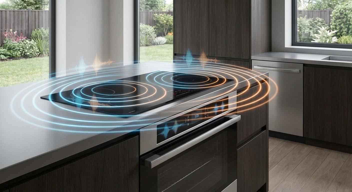 A kitchen stove making various noises, indicated by illustrative sound waves.