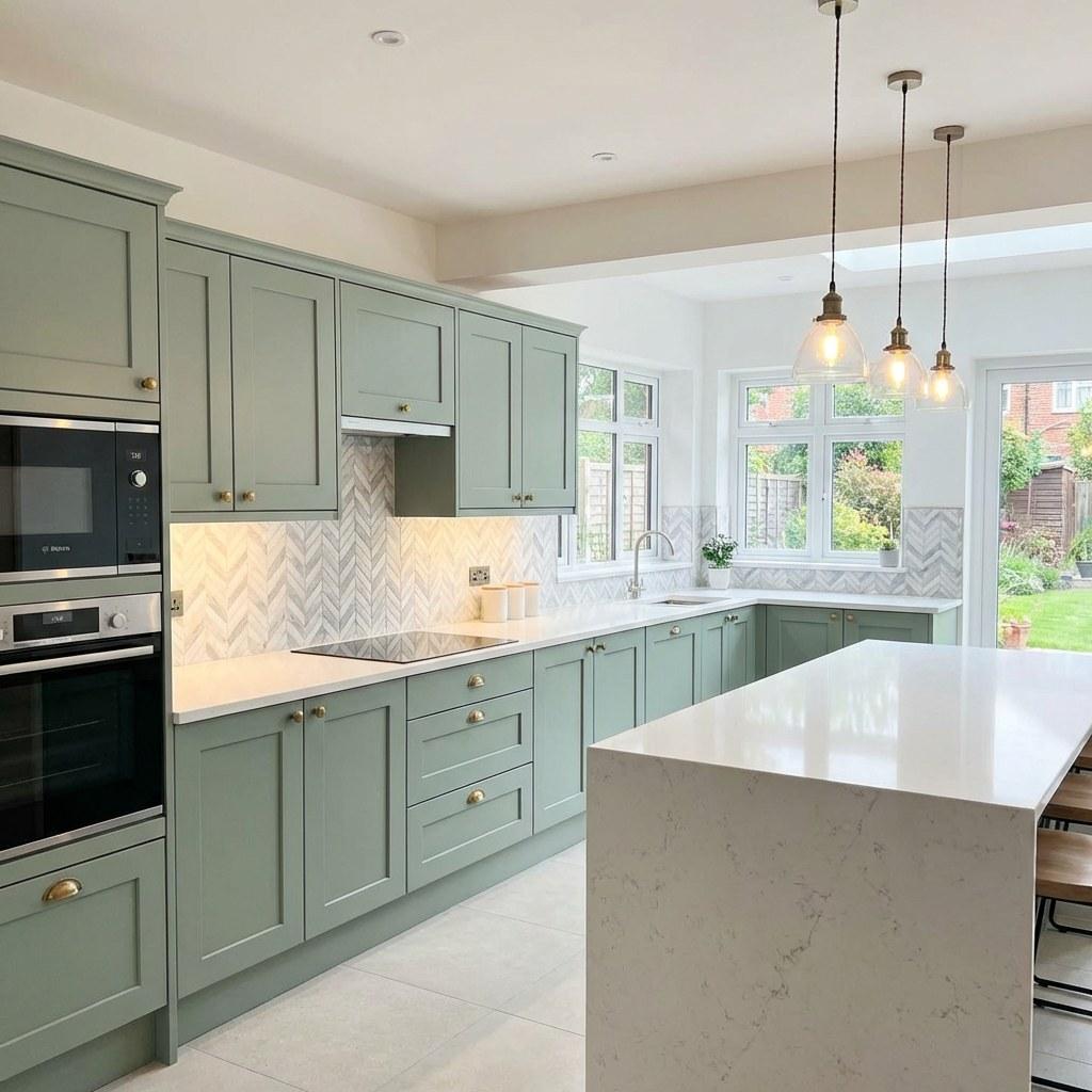 A clean modern kitchen with freshly painted cabinets and new countertops
