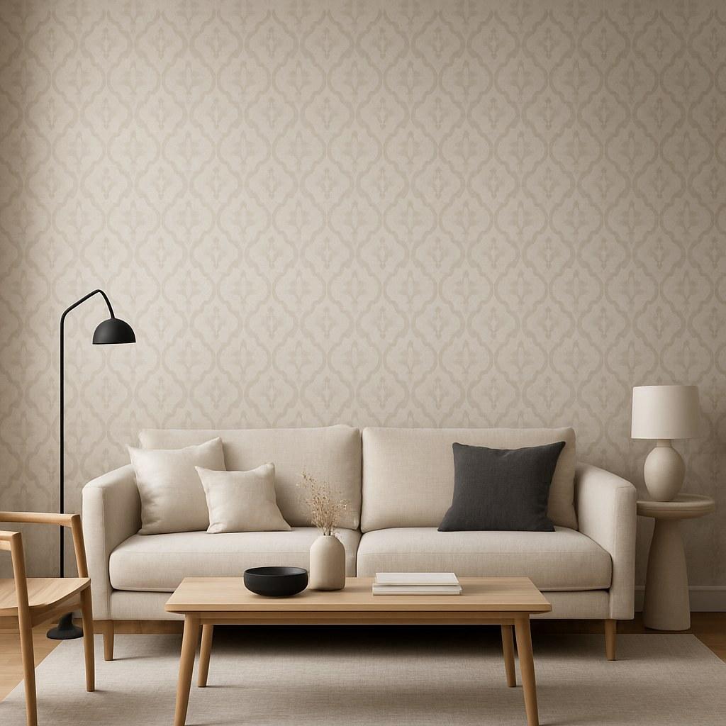 A stylish living room with a floral patterned wallpaper accent wall behind a sofa