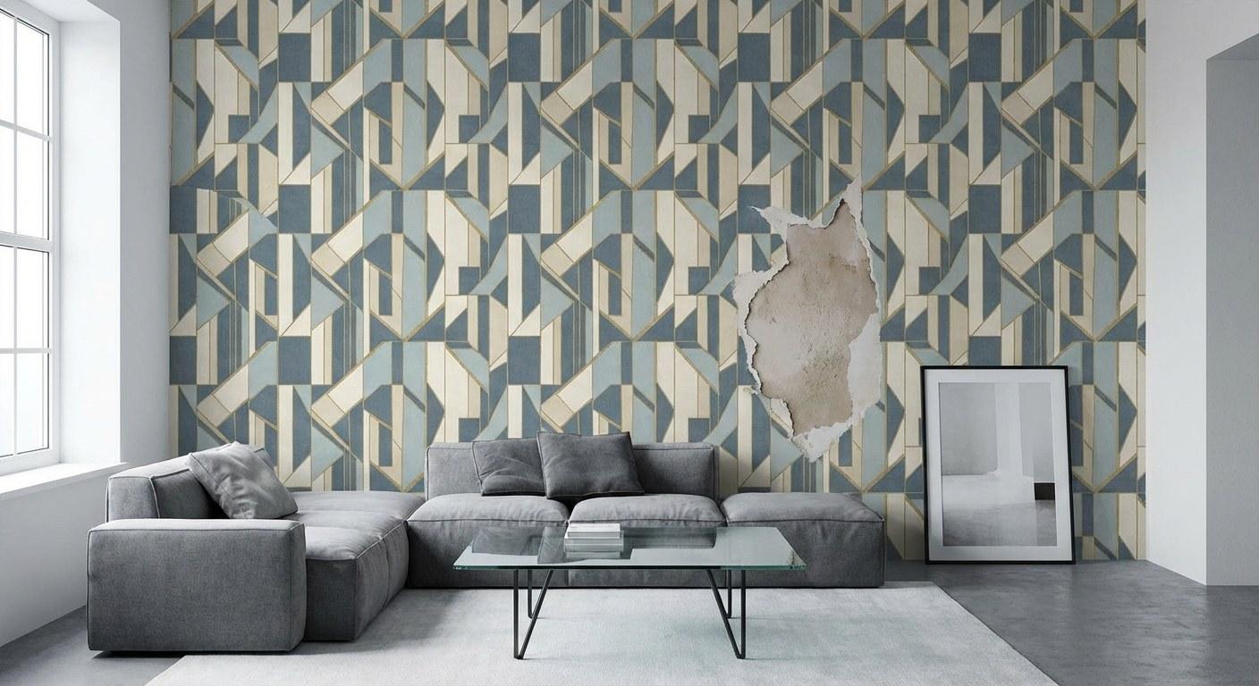 A living room with a ripped section of wallpaper on an accent wall.