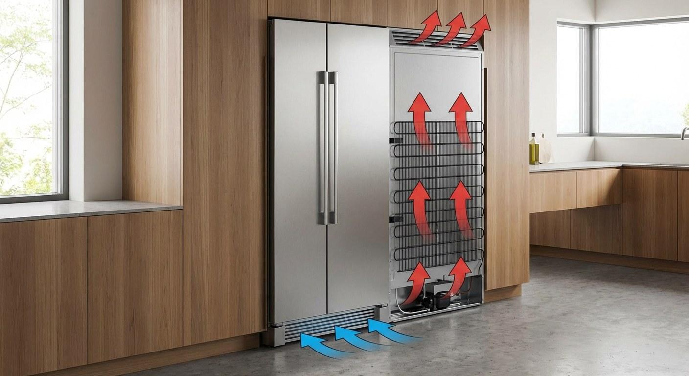 An illustration showing proper ventilation space around a refrigerator in a kitchen setting.