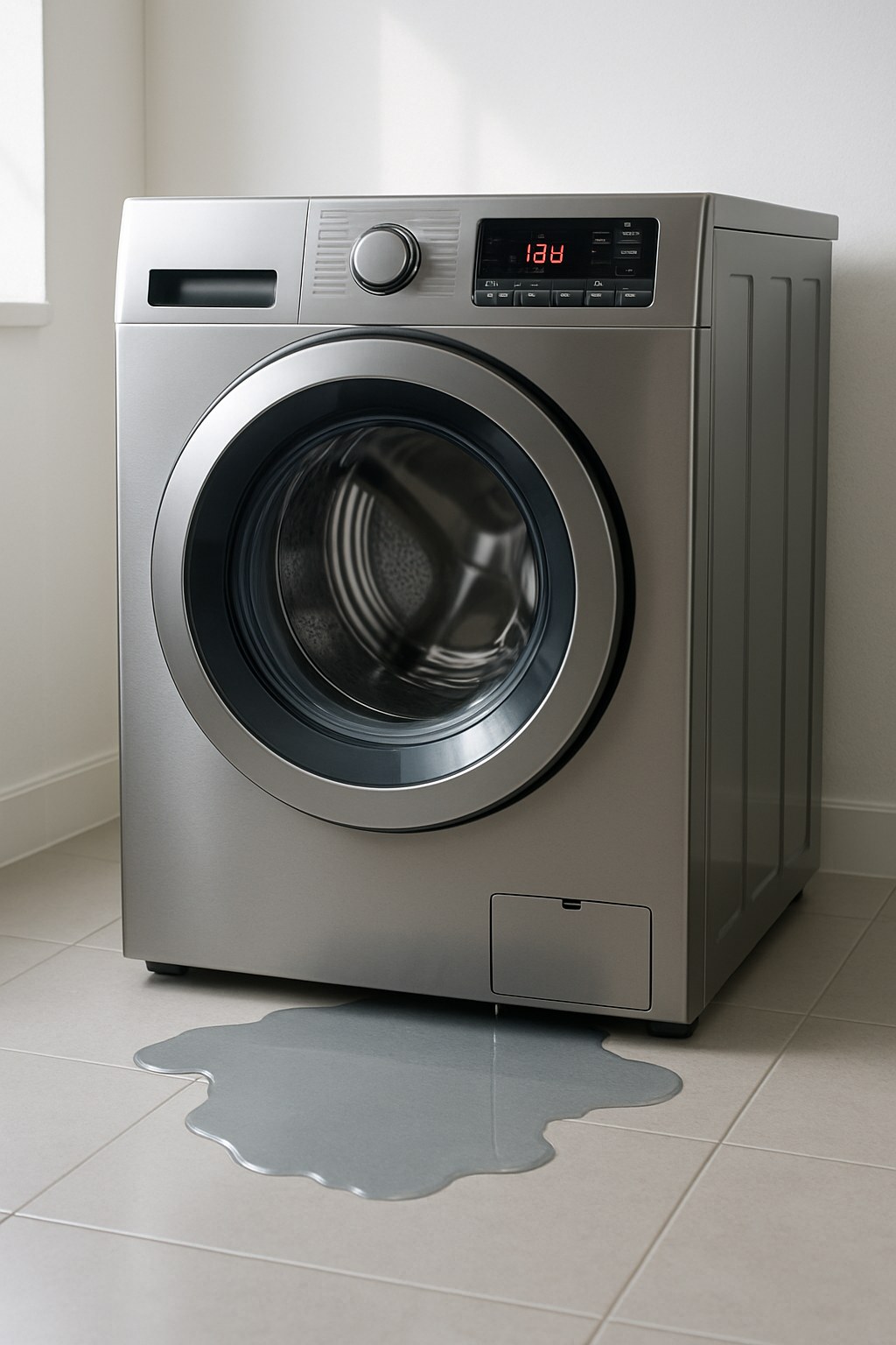 A washing machine with a puddle of water on the floor in a laundry room.
