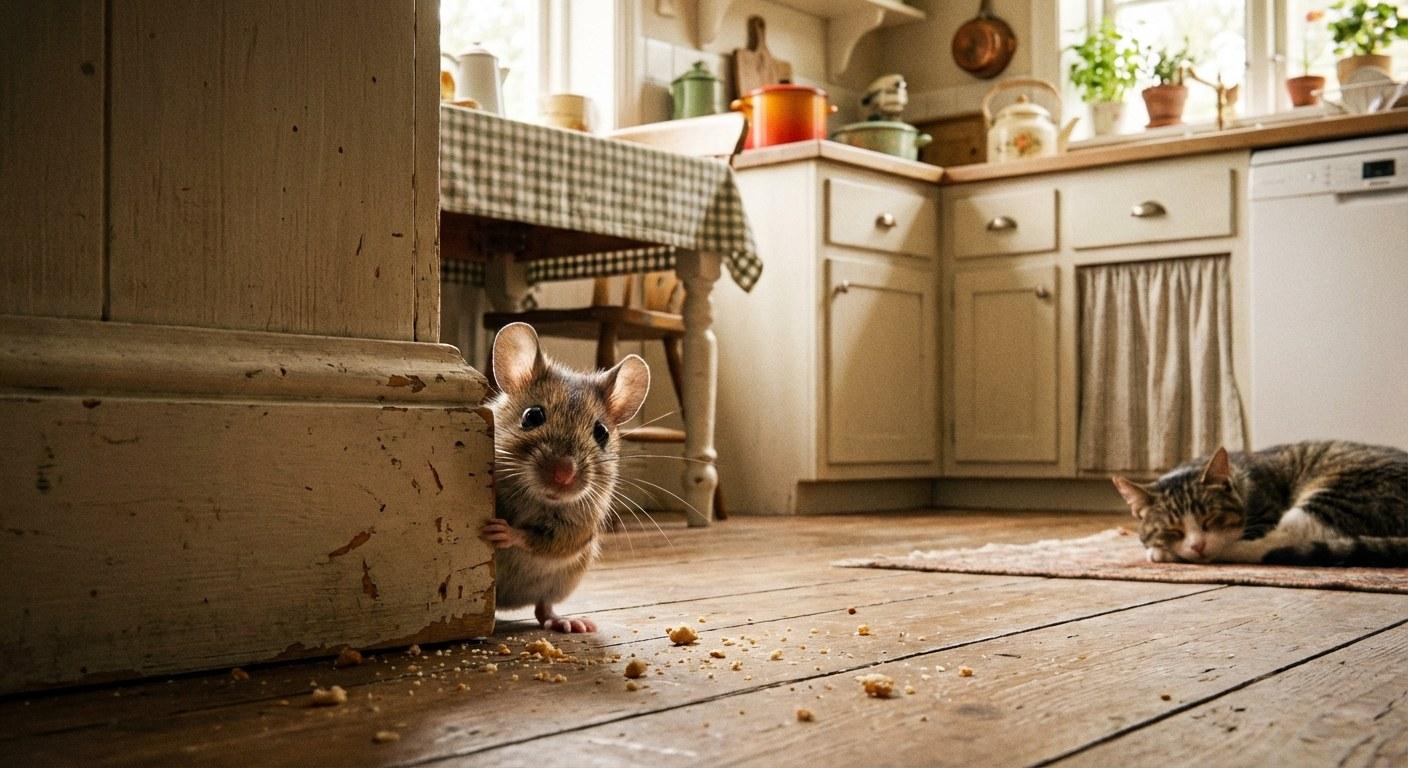A small brown mouse hiding along a wall inside a house.