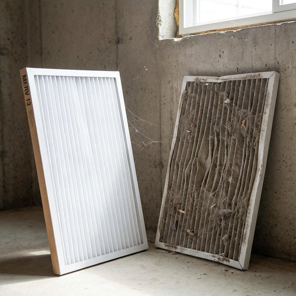 A side-by-side comparison of a clean new HVAC filter and a dirty used one