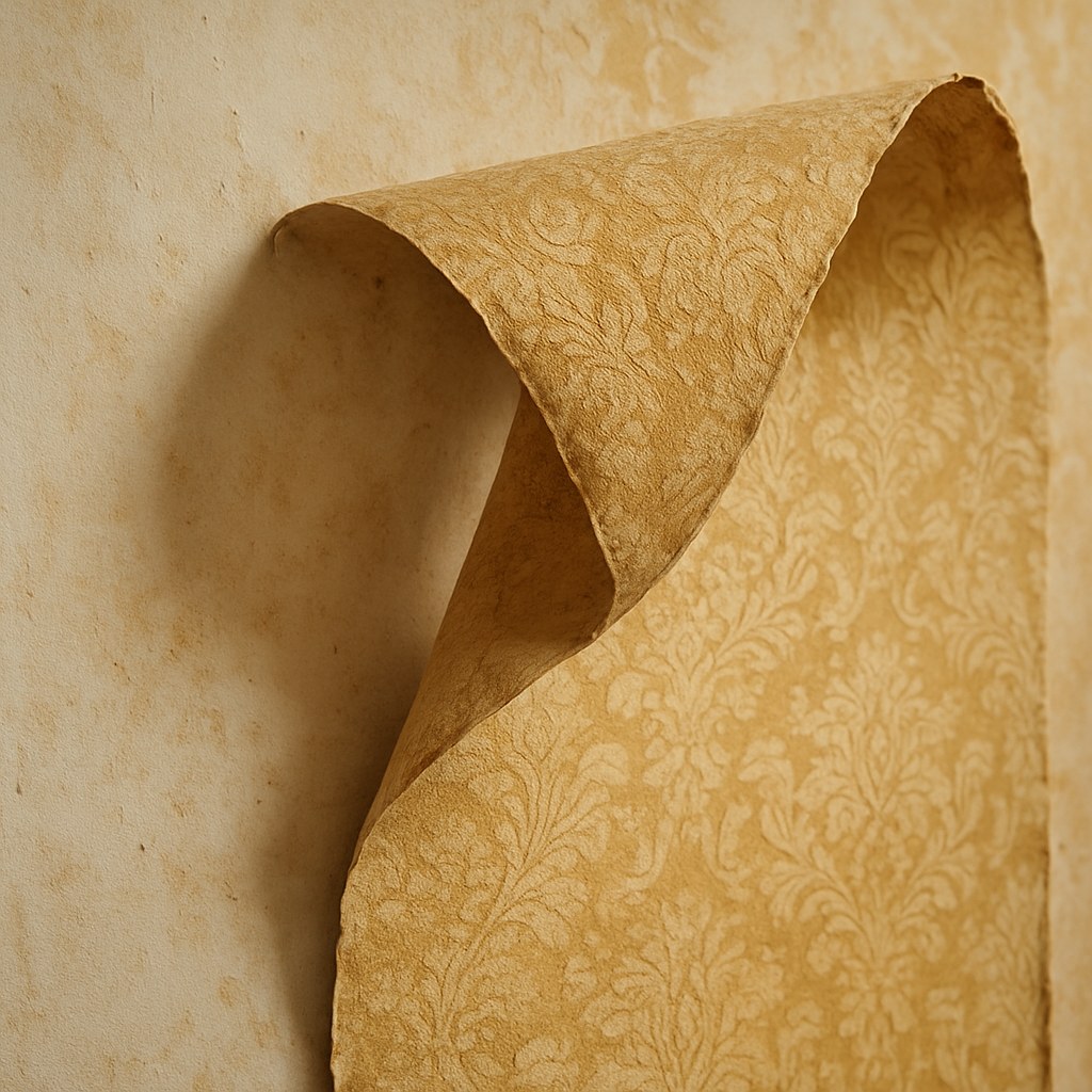 A person peeling old wallpaper off a wall