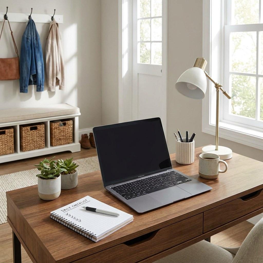 A clean and organized desk space in a modern home