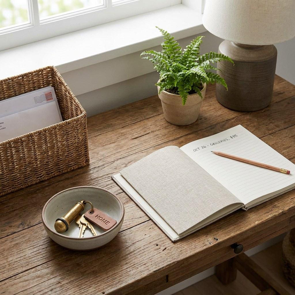 House keys and an open notebook resting on a clean entryway table