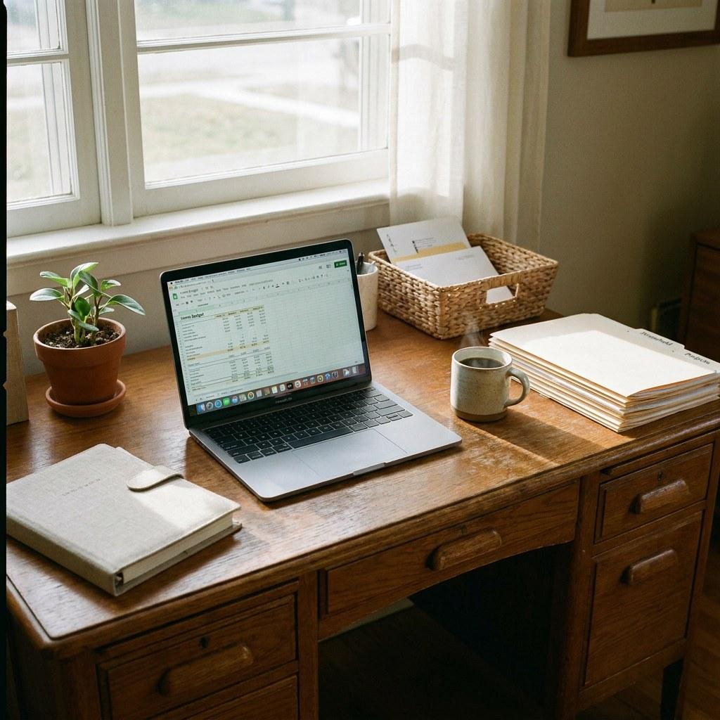 A clean and organized desk setting with a laptop and coffee mug
