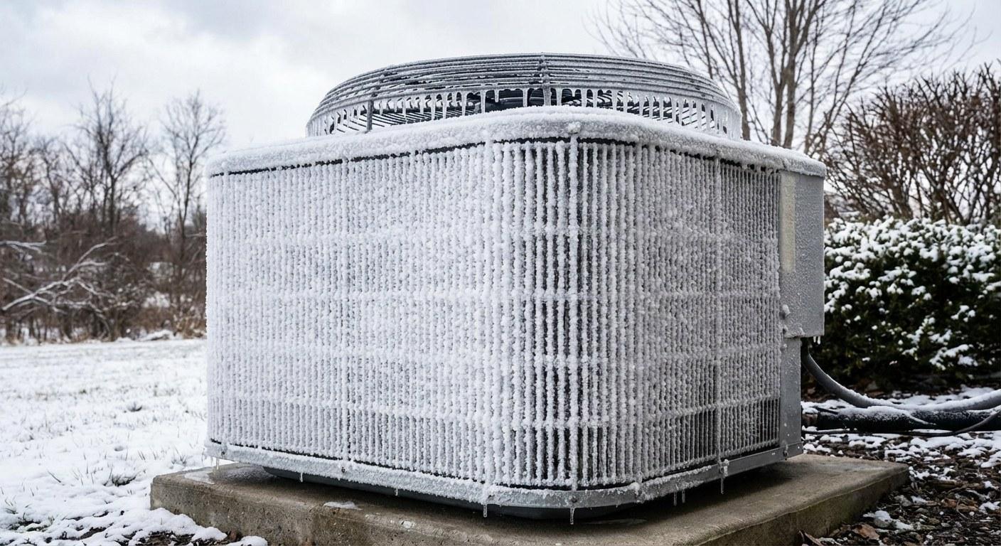 An outdoor heat pump unit covered in white frost on a cold day.