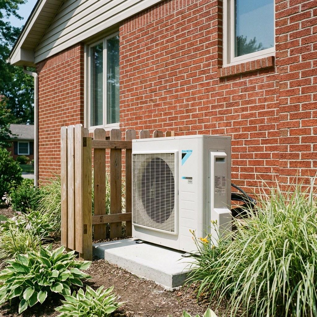 A modern outdoor heat pump unit installed outside a brick home