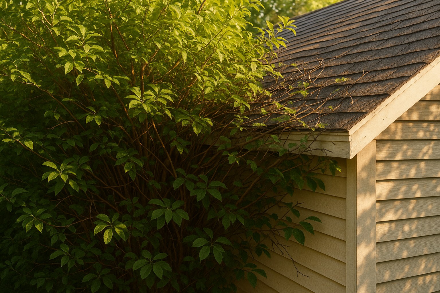Overgrown shrub branches touching the siding and roof of a house