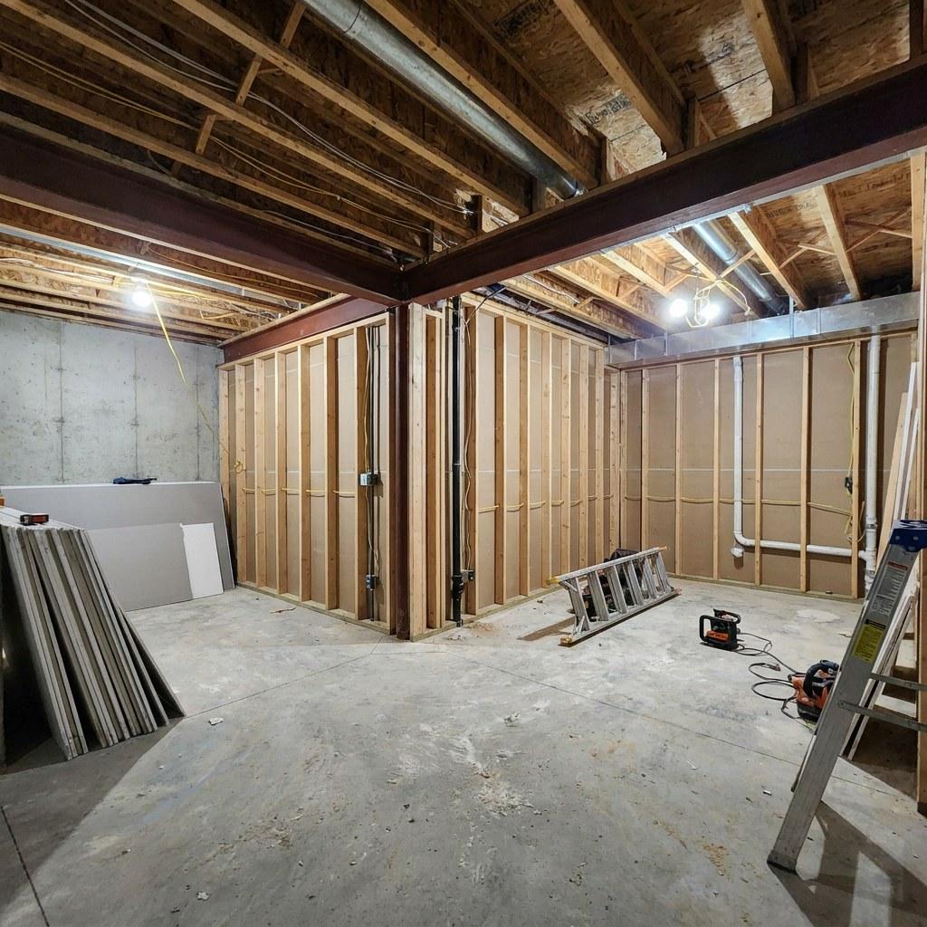 Framed walls in an unfinished basement showing the early stages of a home renovation