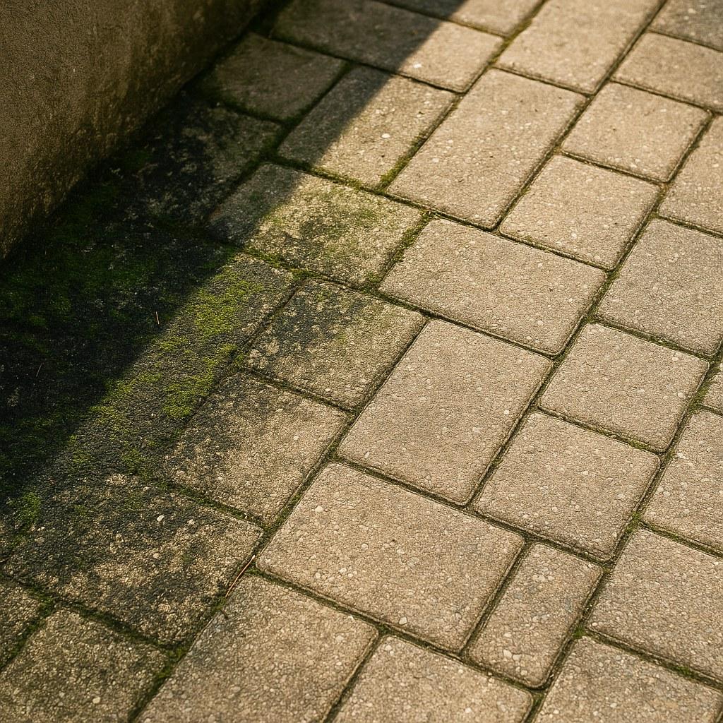 A paver patio with dark mold stains in a shaded corner.