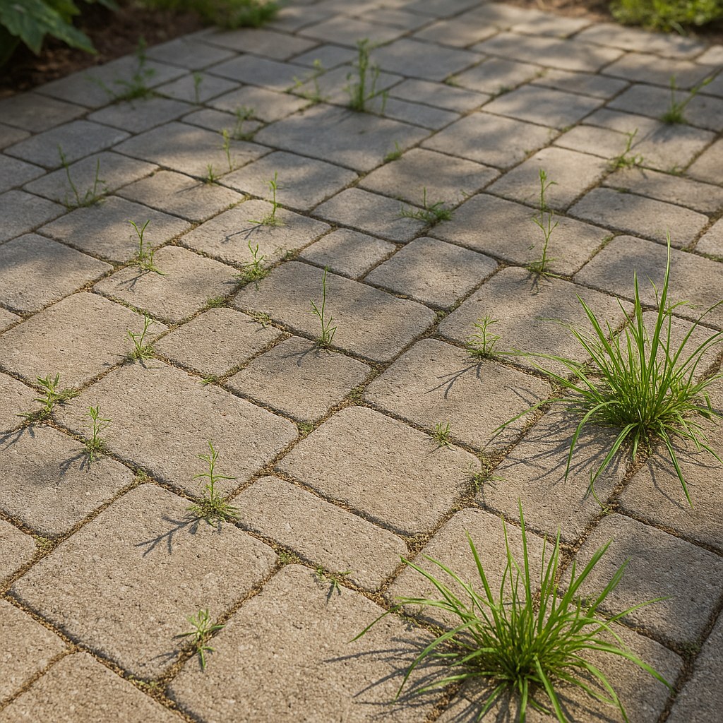 Weeds growing in the cracks of a backyard patio.