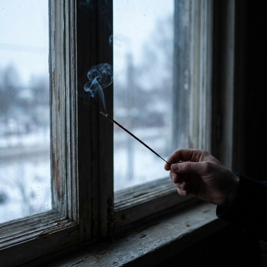 A homeowner using an incense stick to detect air leaks around a window frame