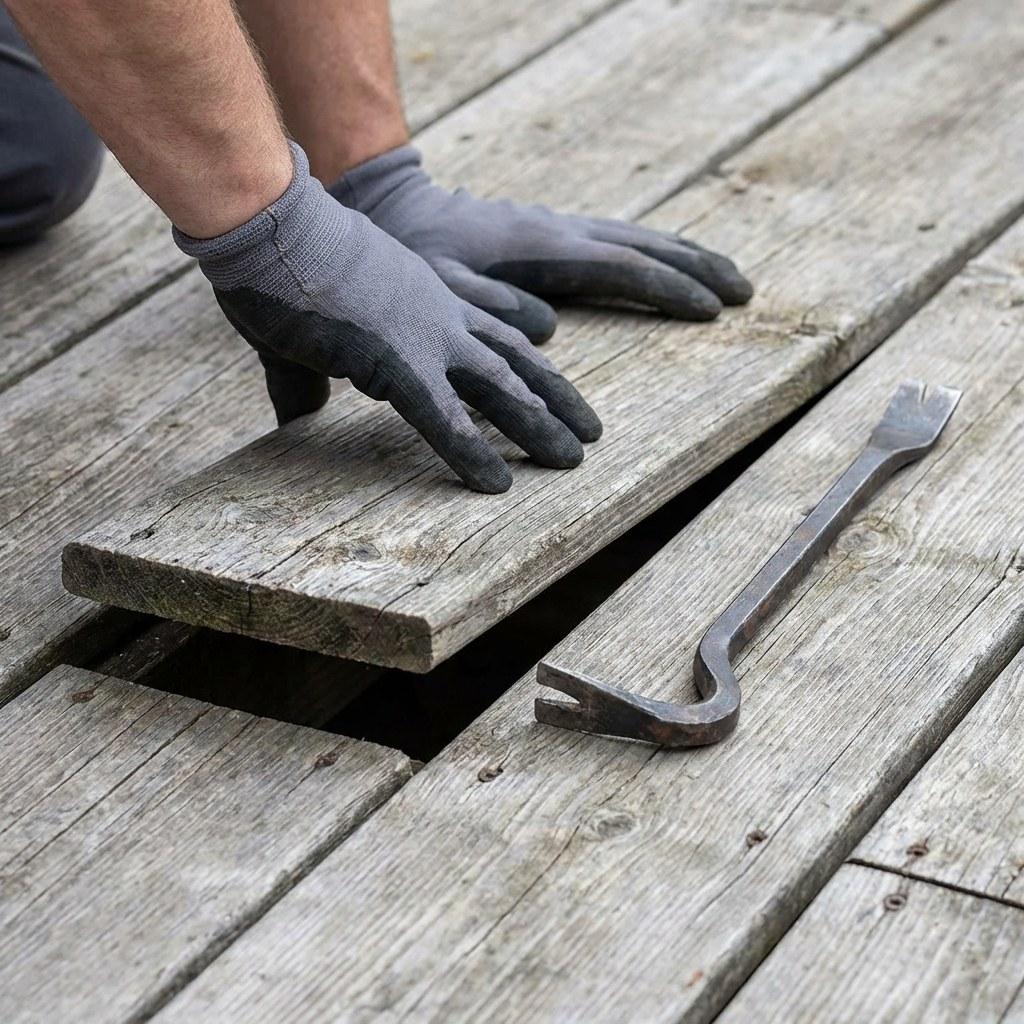 A homeowner inspecting a loose deck board for stability