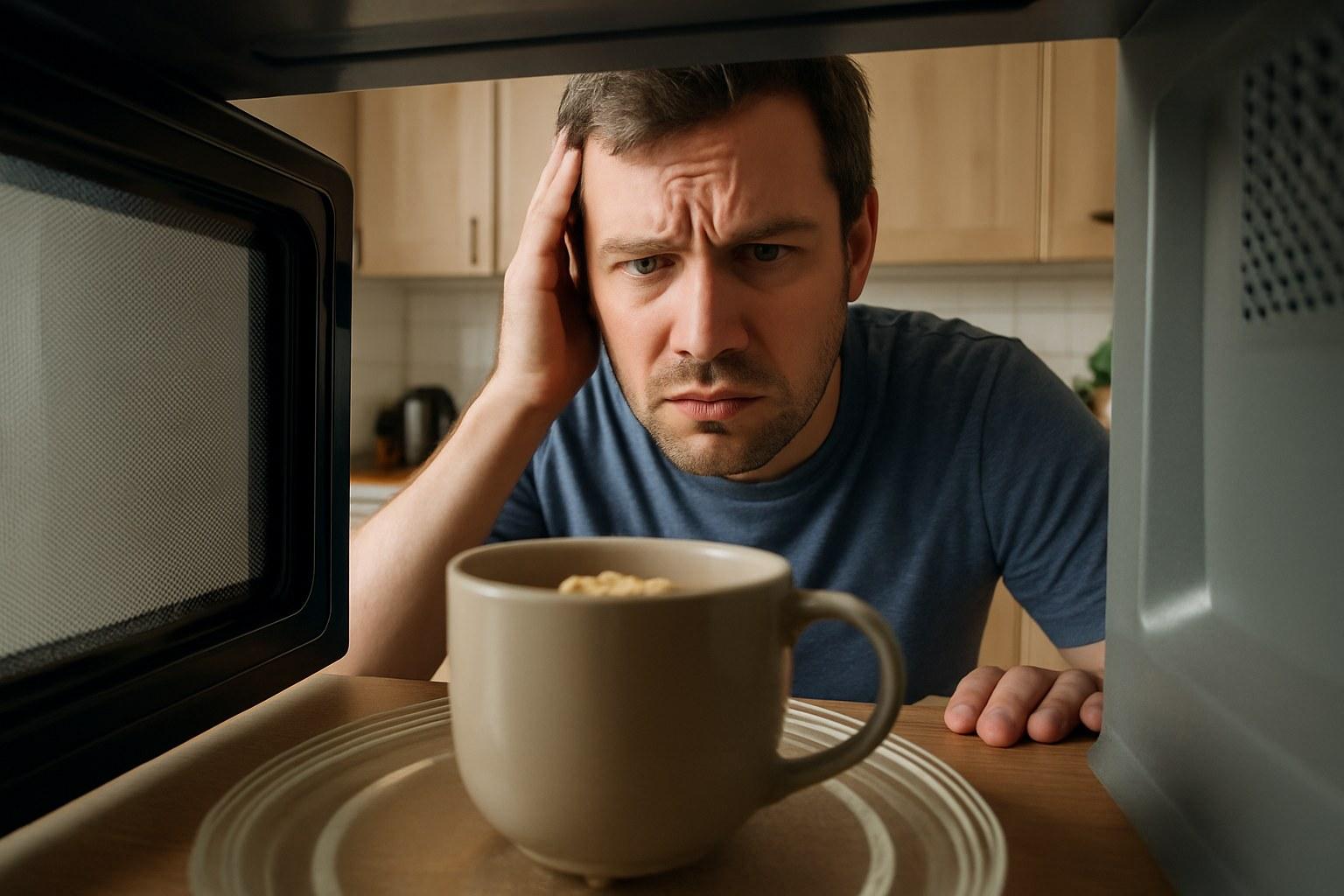 A person looking confused at a mug they've just taken out of a microwave that isn't heating.