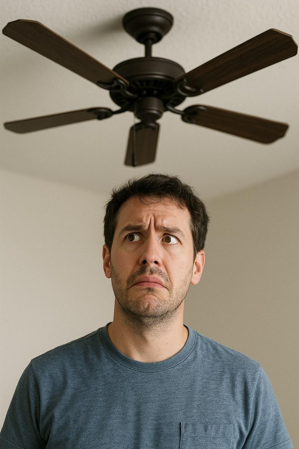 A person troubleshooting a ceiling fan that will not turn on.
