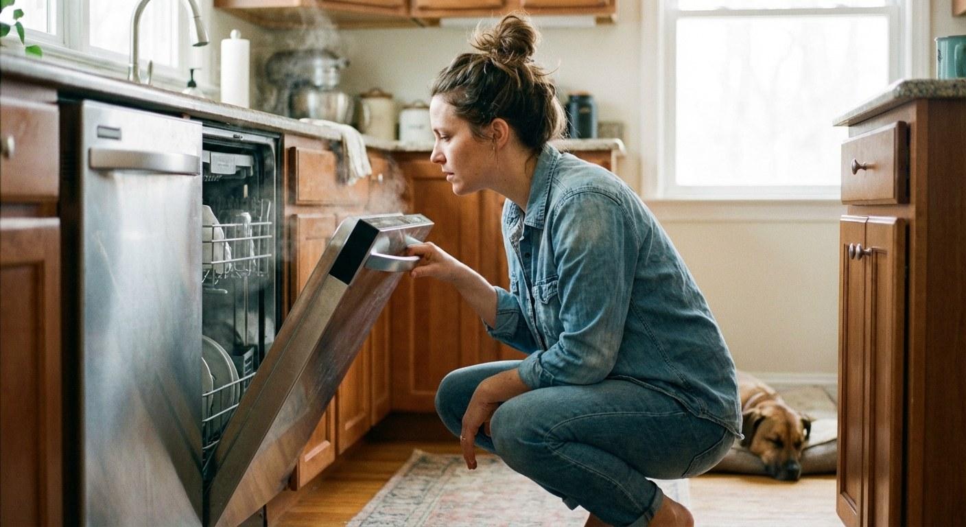 A person inspecting a dishwasher door that is not closing properly.